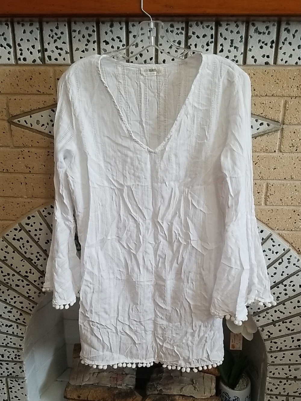 Boho White Pom-Pom Tunic Top - Cotton Lightweight V-Neck